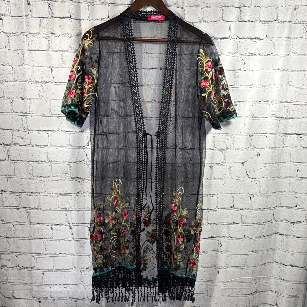 Embroidered Black Sheer Kimono Jacket